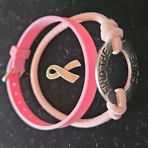 "Find the Cure" Pink Breast Cancer Awareness Bracelets & Pink Ribbon Pin